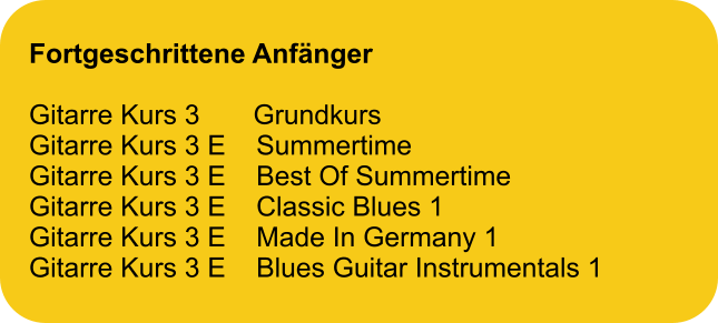 Fortgeschrittene Anfnger  Gitarre Kurs 3       Grundkurs Gitarre Kurs 3 E    Summertime Gitarre Kurs 3 E    Best Of Summertime Gitarre Kurs 3 E    Classic Blues 1 Gitarre Kurs 3 E    Made In Germany 1 Gitarre Kurs 3 E    Blues Guitar Instrumentals 1