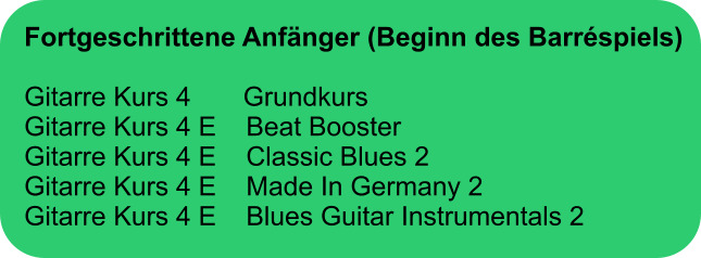 Fortgeschrittene Anfnger (Beginn des Barrspiels)  Gitarre Kurs 4       Grundkurs Gitarre Kurs 4 E    Beat Booster Gitarre Kurs 4 E    Classic Blues 2 Gitarre Kurs 4 E    Made In Germany 2 Gitarre Kurs 4 E    Blues Guitar Instrumentals 2