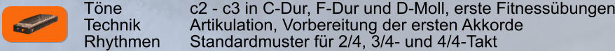 Tne        		c2 - c3 in C-Dur, F-Dur und D-Moll, erste Fitnessbungen Technik     	Artikulation, Vorbereitung der ersten Akkorde Rhythmen    	Standardmuster fr 2/4, 3/4- und 4/4-Takt