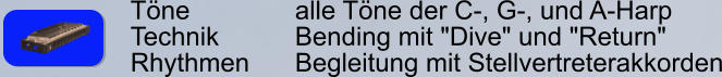 Tne        		alle Tne der C-, G-, und A-Harp Technik     	Bending mit "Dive" und "Return" Rhythmen    	Begleitung mit Stellvertreterakkorden