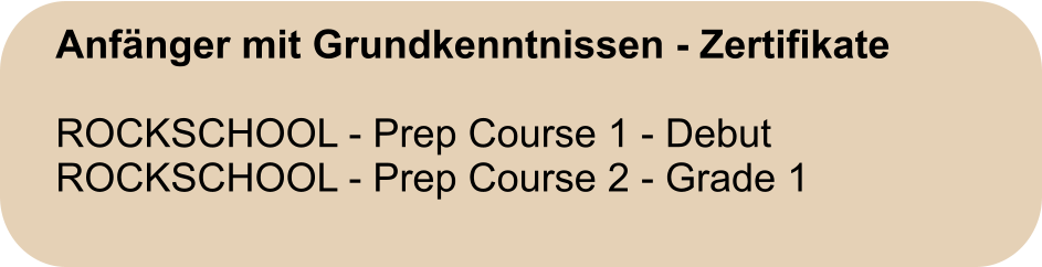 Anfänger mit Grundkenntnissen - Zertifikate  ROCKSCHOOL - Prep Course 1 - Debut ROCKSCHOOL - Prep Course 2 - Grade 1